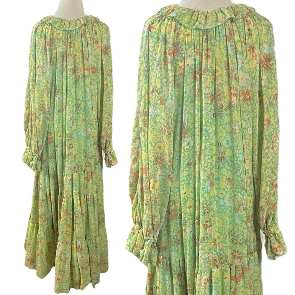 Free People Feeling Groovy Maxi Dress Size Medium 70s Chartreuse Floral Bohemian - Picture 7 of 16